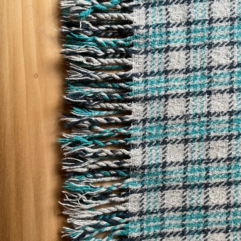 West Elm Plaid Fringe Throw Blanket | 50x70in | Blue & Gray